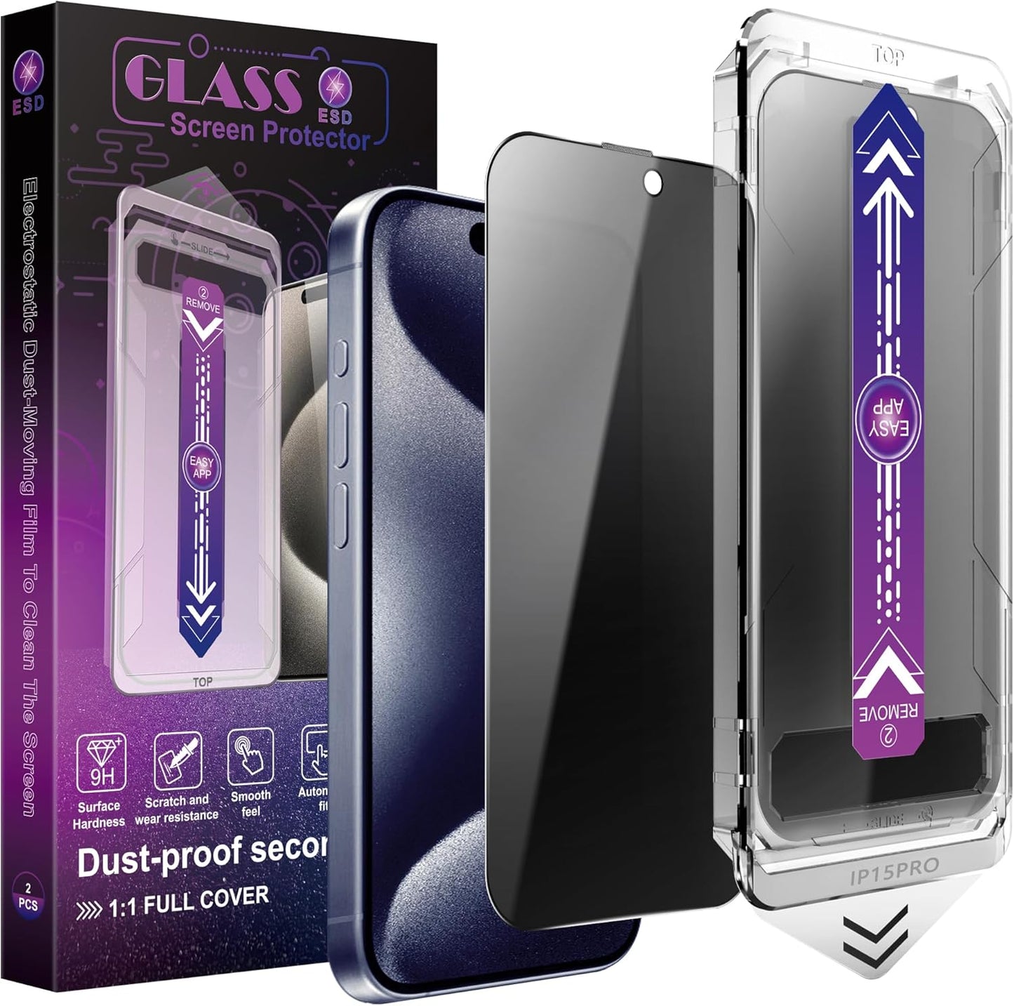 2 Pack Privacy Screen Protector for iPhone 15 Pro, 9H Tempered Glass, Full Coverage, Anti-Fingerprint, Auto Dust-Elimination, No Bubble, Easy Installation