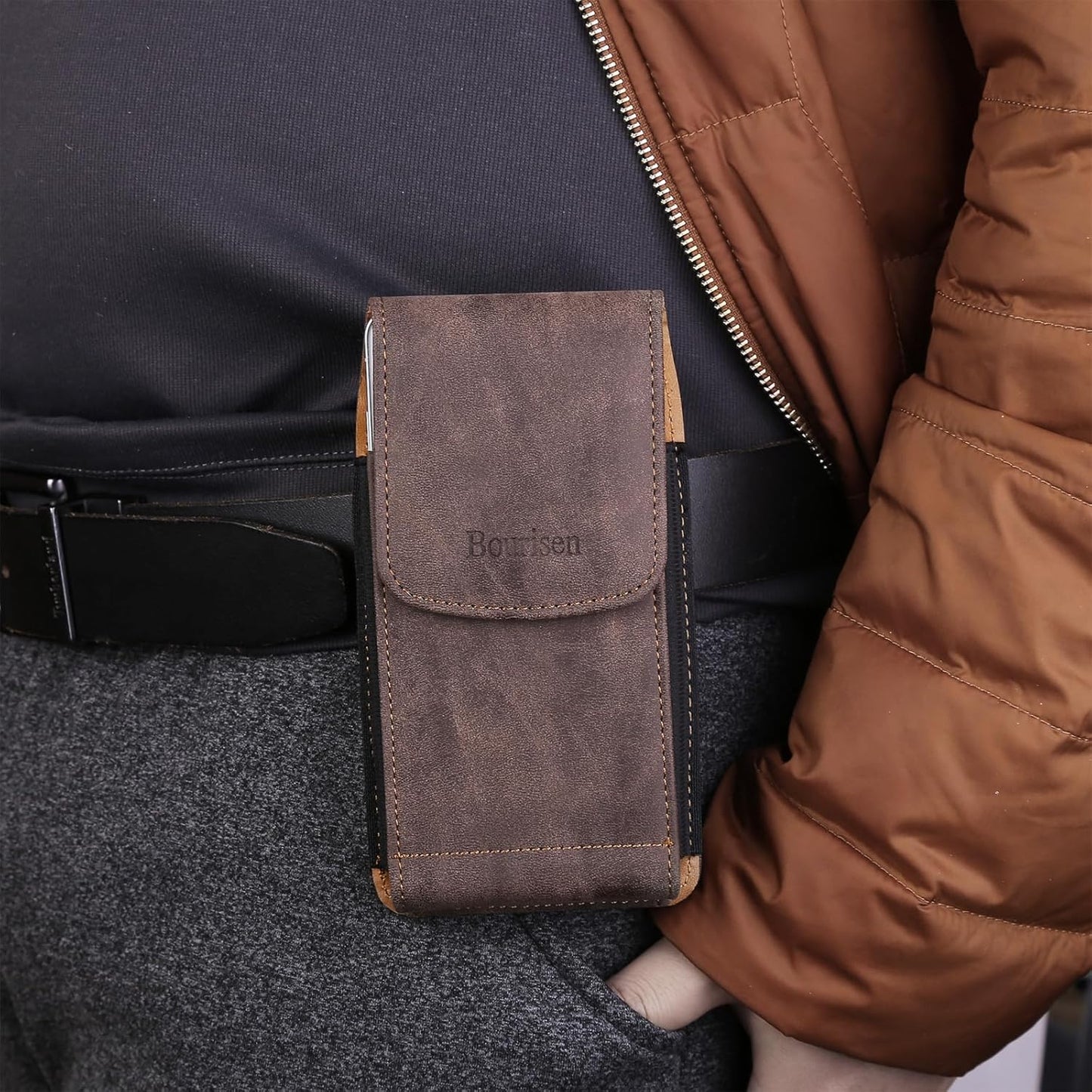 Universal Phone Holster Phone Pouch Case Belt Clip Belt Loops Card Slot Faux Leather for Man iPhone 17/16/15pro max,16/15Plus,Samsung S25 24 S23 S22 Ultra (Brown&Yellow, XL(6.6"x3.4"x0.8"))