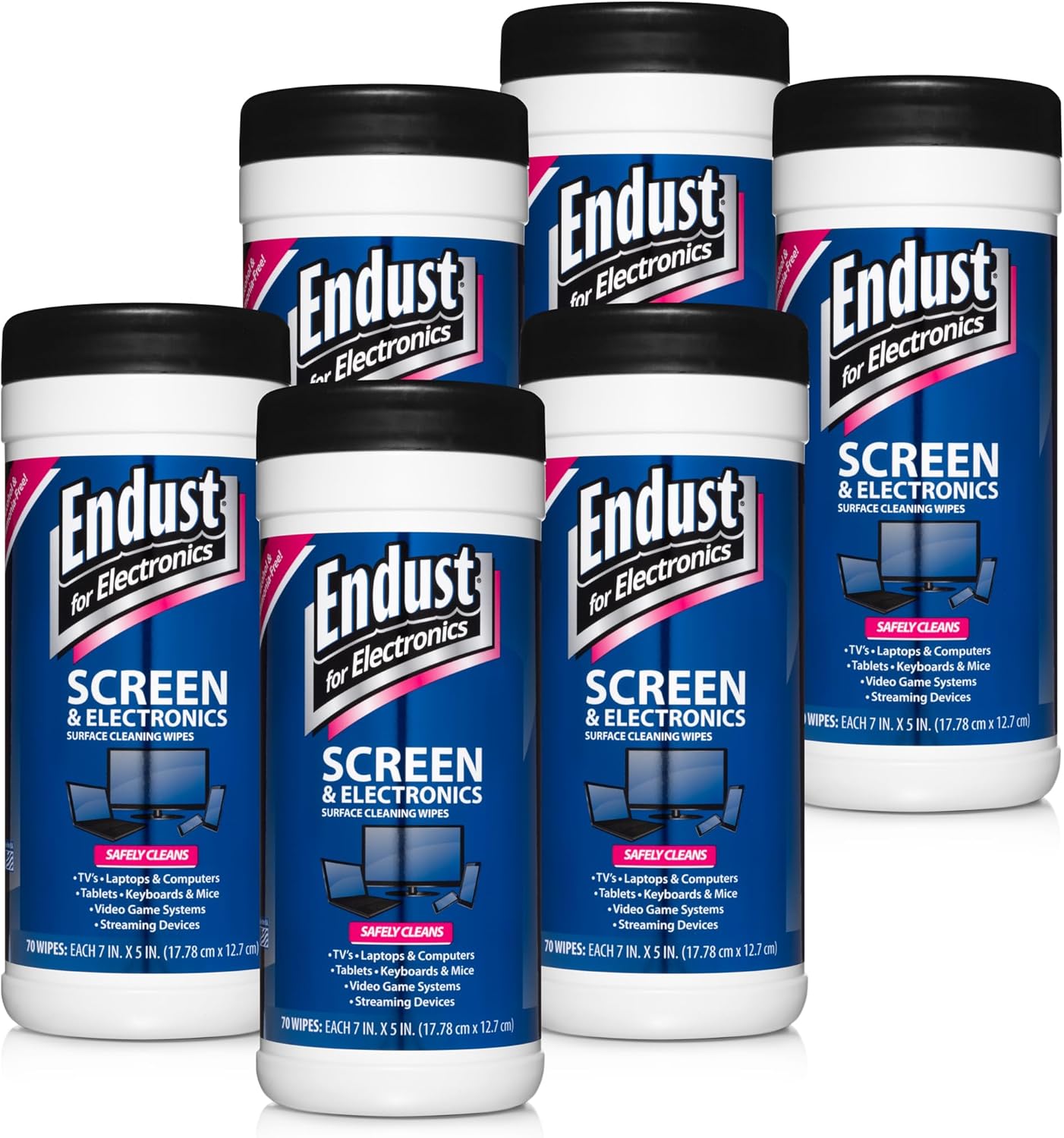Endust For Electronics; Screen & Surface Cleaning Wipes, For TV, Phone, Computer Monitor, Laptop, Tablet, Pre-Moistened, Alcohol and Ammonia Free, 70 Count, 6 Pack (11506P6)