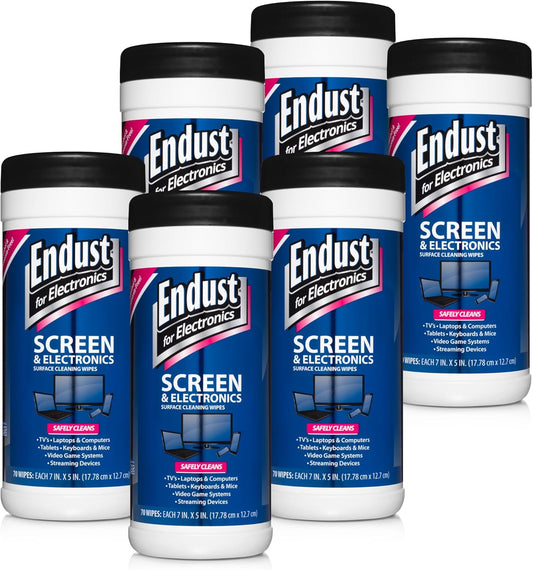Endust For Electronics; Screen & Surface Cleaning Wipes, For TV, Phone, Computer Monitor, Laptop, Tablet, Pre-Moistened, Alcohol and Ammonia Free, 70 Count, 6 Pack (11506P6)