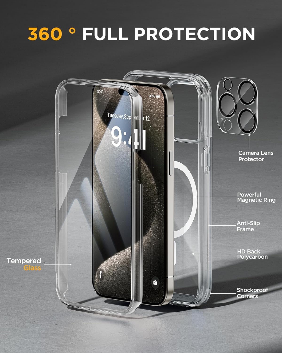 Miracase Magnetic for iPhone 15 Pro Max Case 6.7'' [Compatible with Magsafe] Full-Body Drop Proof Bumper Phone Case for iPhone 15 Pro Max with Built-in 9H Tempered Glass Screen Protector,Clear