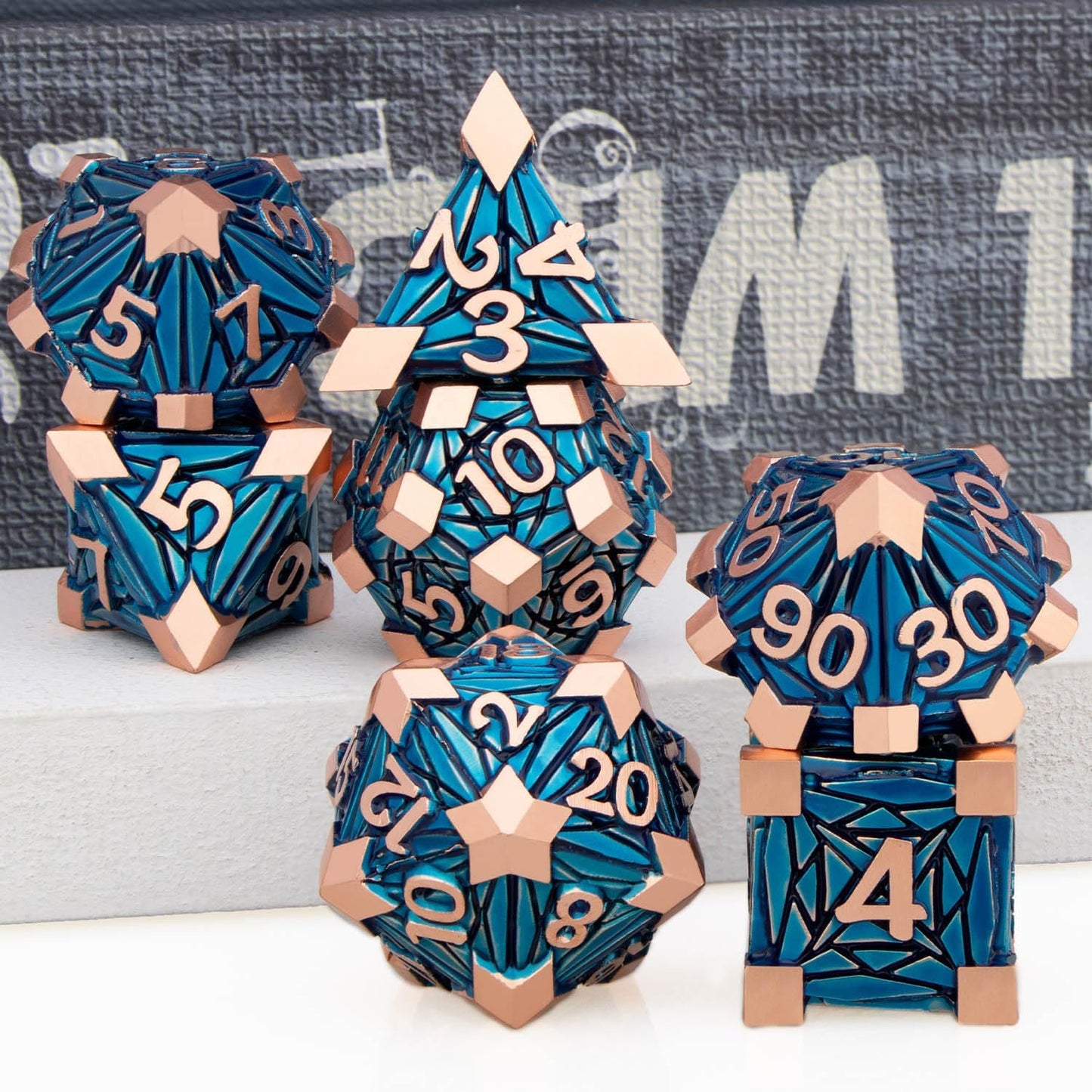 7PCS Metal DND Dice Set with Box, Debris RPG Copper Blue D and D Dice for use with D&D Tabletop Games Role Playing Game Polyhedral Dice Set D20 D12 D10 D8 D6 D4