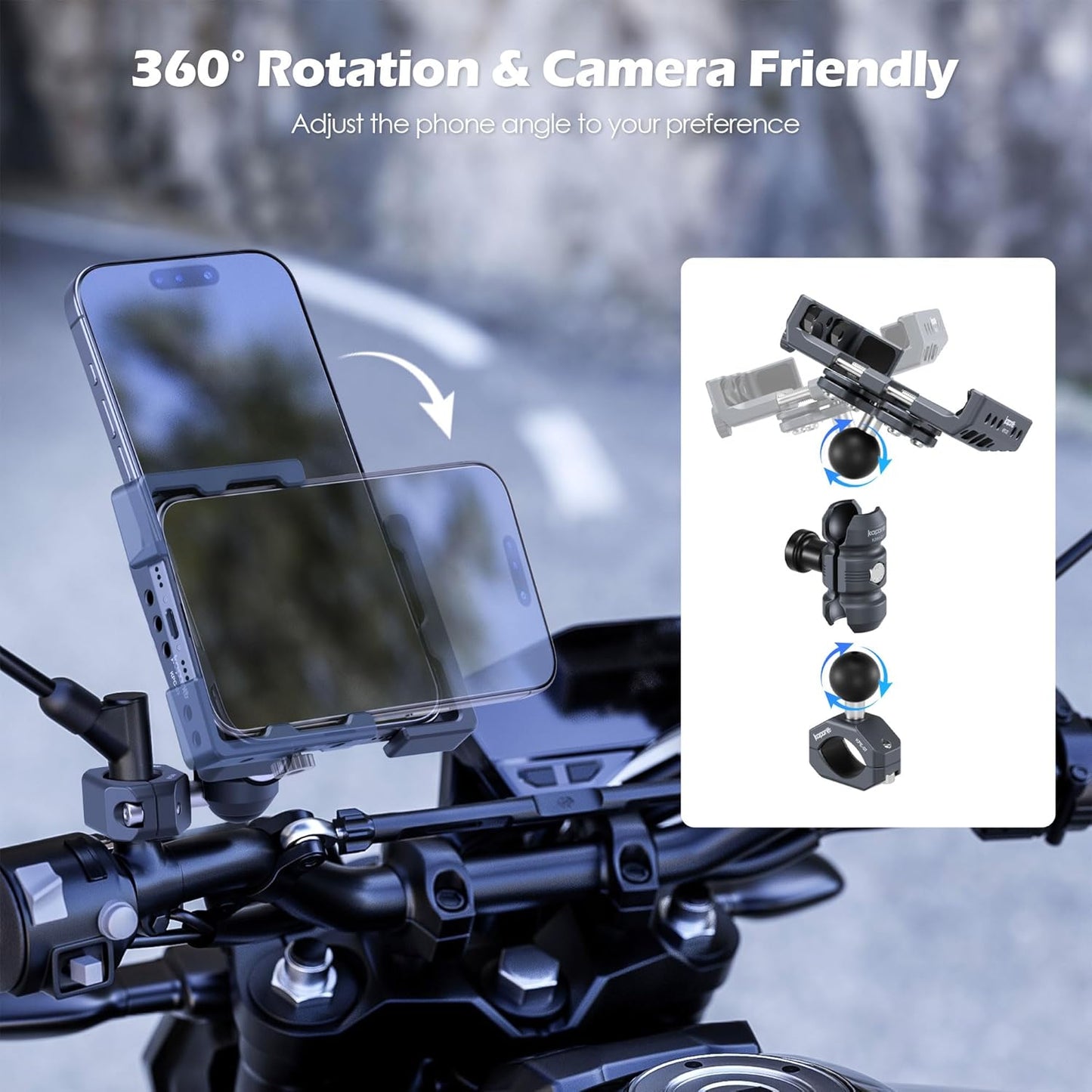Motorcycle Phone Mount Kit, Anti-Theft Dual Socket Arm, 360° Rotate Phone Clip and Aluminum Handlebar Clamp Mount U-Bolt Base for Bike/ATV/Scooter Handlebar for 5.5-7" Smartphone (KPS-19)