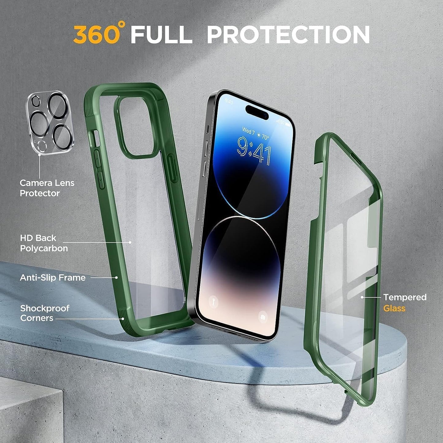 Miracase Glass Series for iPhone 14 Pro Case 6.1 Inch, Full-Body Clear Bumper Case with Built-in 9H Tempered Glass Screen Protector, with Camera Lens Protector, Acacia Green