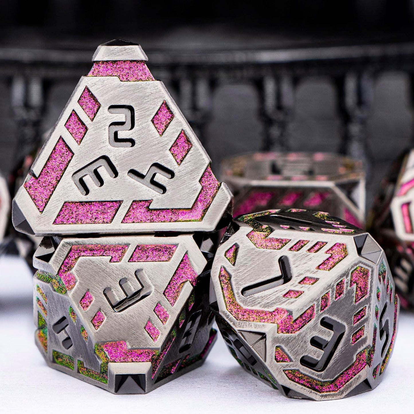 Metal DND Sci-fi Dice Set 7PCS Stripe Polyhedral Dice for Dungeons Dragons RPG Role Playing Game, Glitter D and D Dice with Gift Box D6 D8 D10 D12 D20 (Grey&Purple Red)