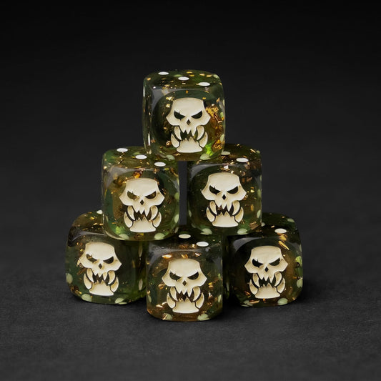 Orc D6 Dice Set – 10 x 16mm Resin Dice with Savage Skull Emblem | Dark Green Wargaming Dice for RPG & Tabletop Battles