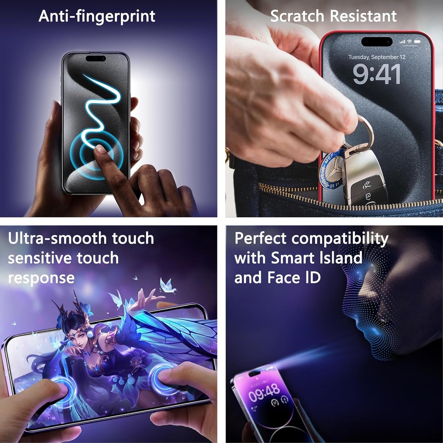 2 Pack Privacy Screen Protector for iPhone 14 Pro/iPhone 15 / iPhone 16, 9H Tempered Glass, Full Coverage, Anti-Fingerprint, Auto Dust-Elimination, No Bubble, Easy Installation