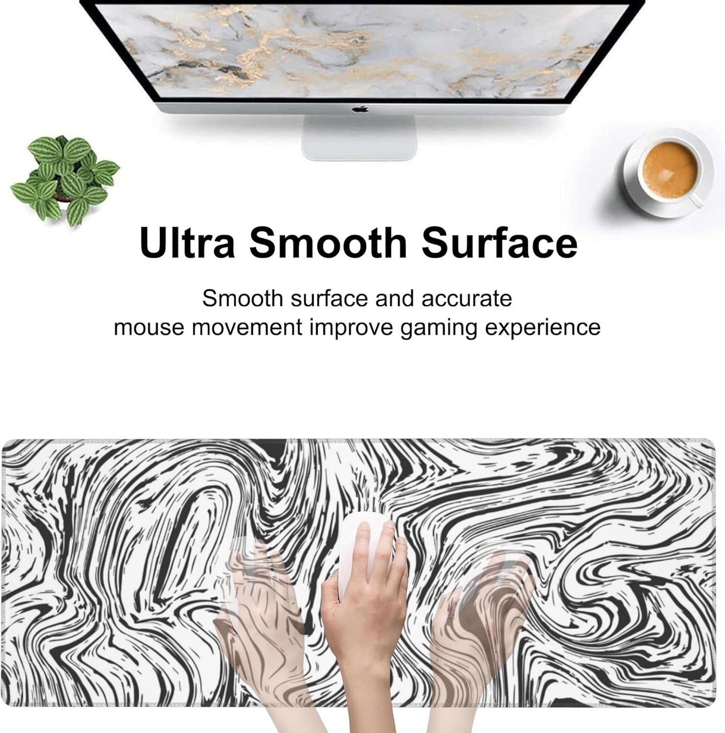 Black and White Marble Desk Mat,Large Abstract Marble Texture Gaming Keyboard Mouse Pad,Non-Slip Rubber Base Desk Pad Thick Stitched Edges Waterproof Mousepad Mouse Mat 31.5"x11.8"
