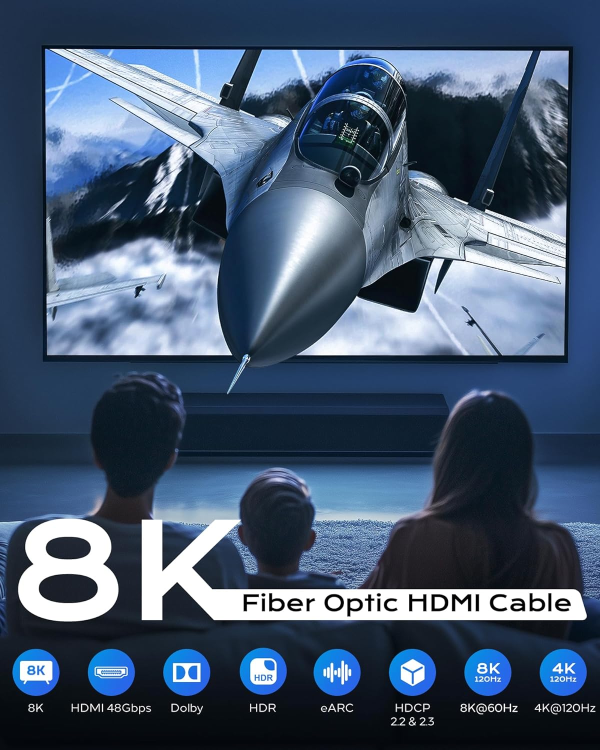 8K Fiber Optic HDMI Cable Long 50FT CL2 in Wall - 48Gbps High-Speed 8K 60Hz,4K120Hz,HDCP 2.2&2.3, HDR10 - HDMI Cord Compatible with HDTV,Monitor,Projector