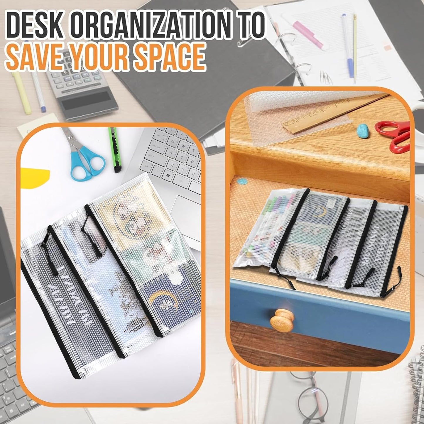 24pcs Mesh Zipper Pouch Bags 9.3 x 4.7 Inches, Black Small Clear Pouches Bulk, Travel Cosmetics Organization, Classroom and Office Supplies