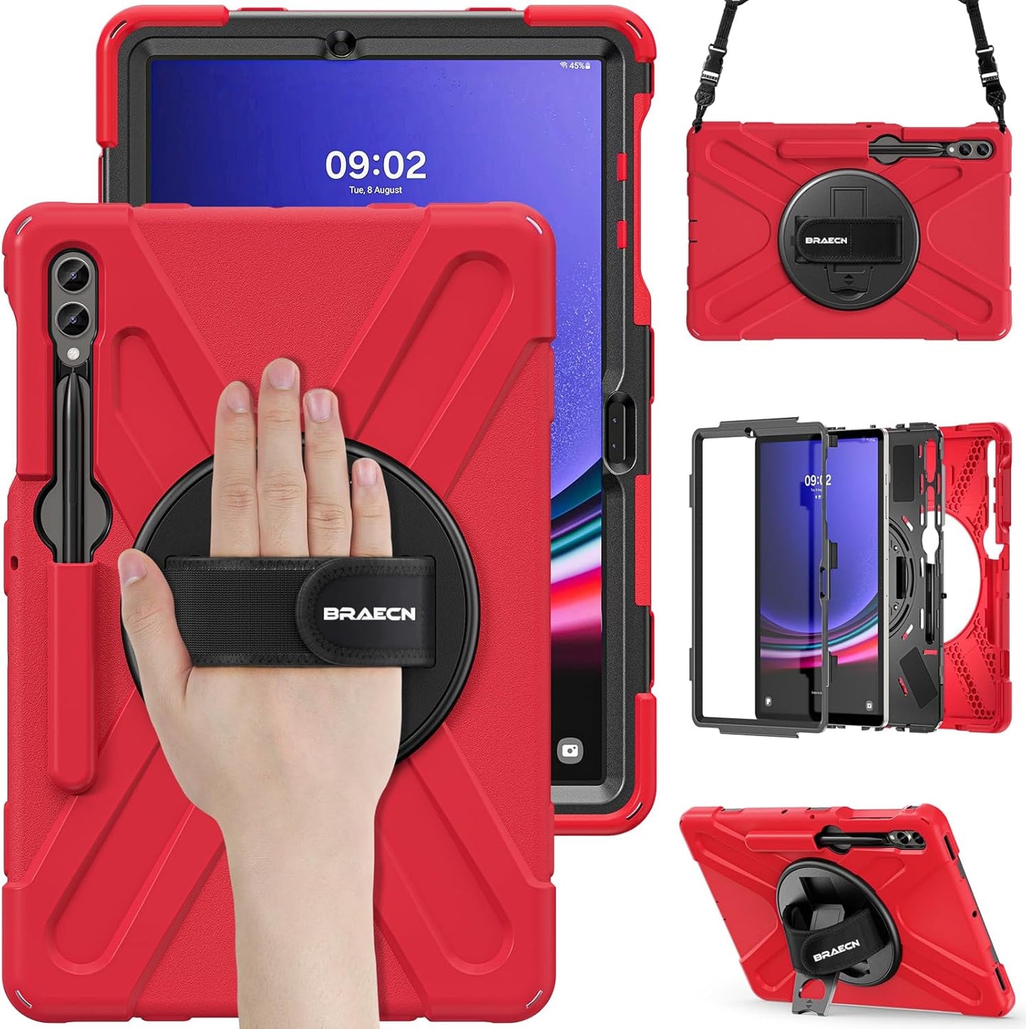 BRAECN for Galaxy Tab S10 Plus/S9 FE+/S9+/S7+/S8+/S7 FE 12.4 inch Case,Heavy Duty Shockproof Case with Carrying Shoulder Strap, S Pen Holder, Kickstand, Hand Strap for Samsung Galaxy Tab S10+-Red