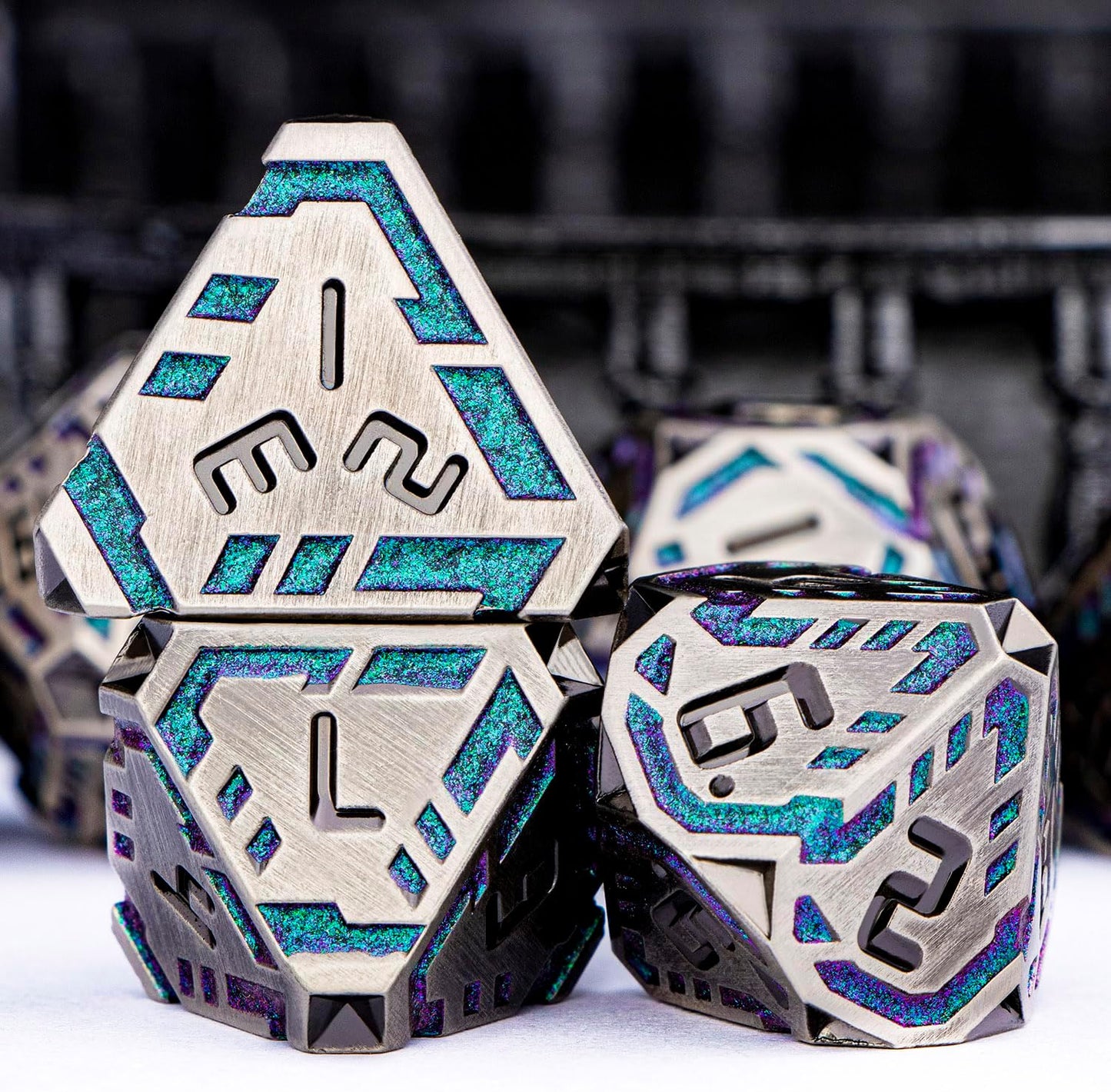 Metal DND Sci-fi Dice Set 7PCS Stripe Polyhedral Dice for Dungeons Dragons RPG Role Playing Game, Glitter D and D Dice with Gift Box D6 D8 D10 D12 D20 (Grey&Purple Green)
