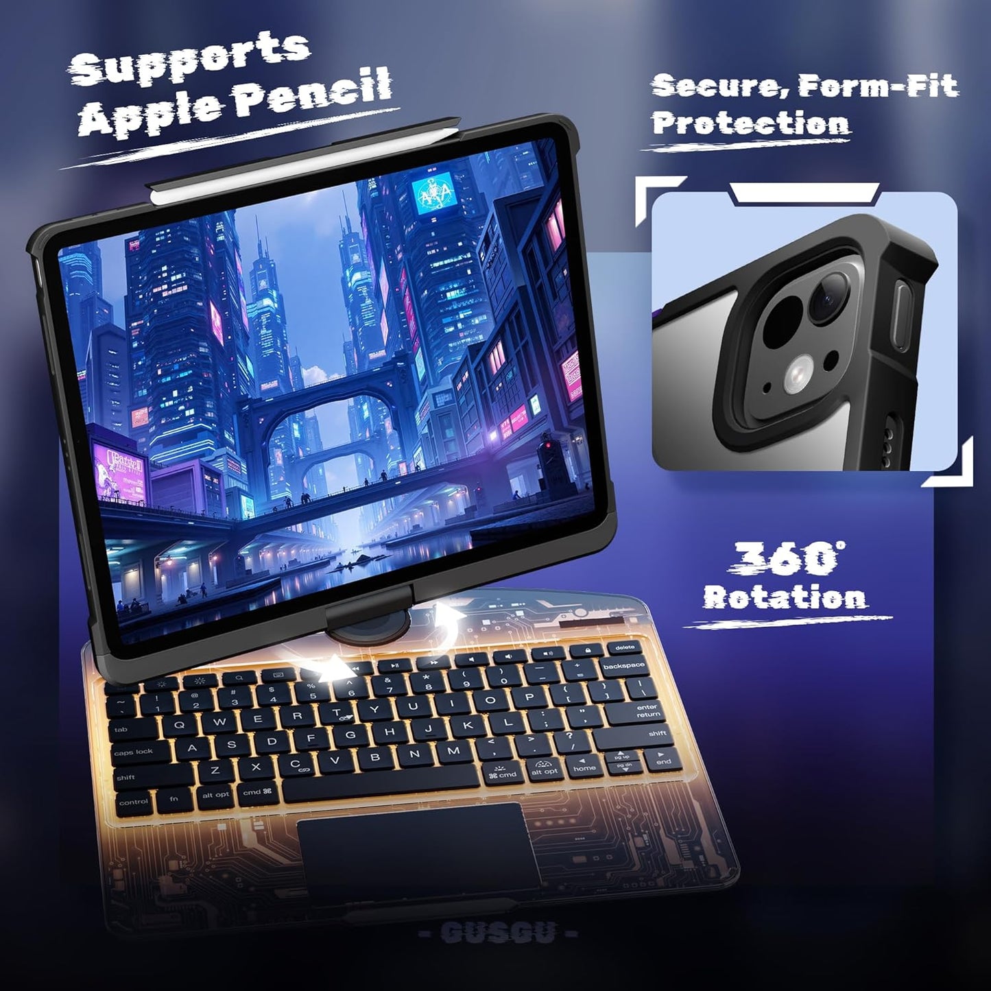 KITONE Transparent Case with Wireless Keyboard only for 2024 iPad Pro 13-in.(M4), 7 Colors Backlight, Trackpad, 360°Rotating Stand for iPad Pro 13, Tech Style