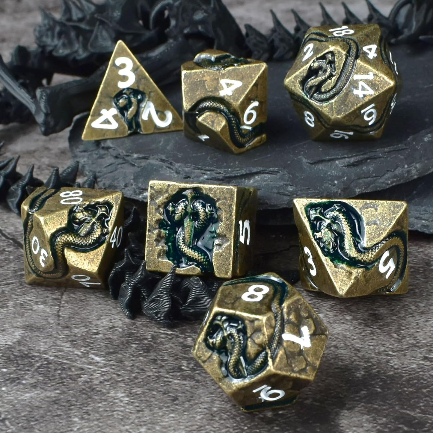 RULE DICE Metal D&D Dice, DND Dice Set, Polyhedral Dice for Dungeons and Dragons RPG Games | 7pc D and D Dice Set with Green Serpent | Gift for TTRPG Players