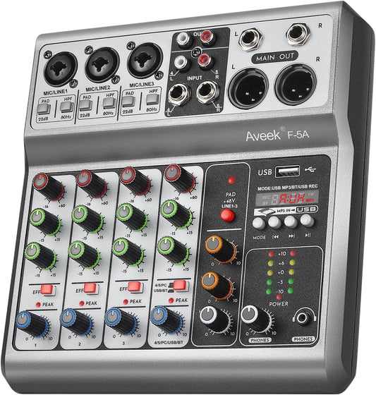 Aveek Professional Audio Mixer, Sound Board Mixing Console with 5 Channel Digital USB Bluetooth Echo Delay Effect, Input 48V Phantom Power Stereo DJ Mixers for Recording, Live Streaming, Podcasting
