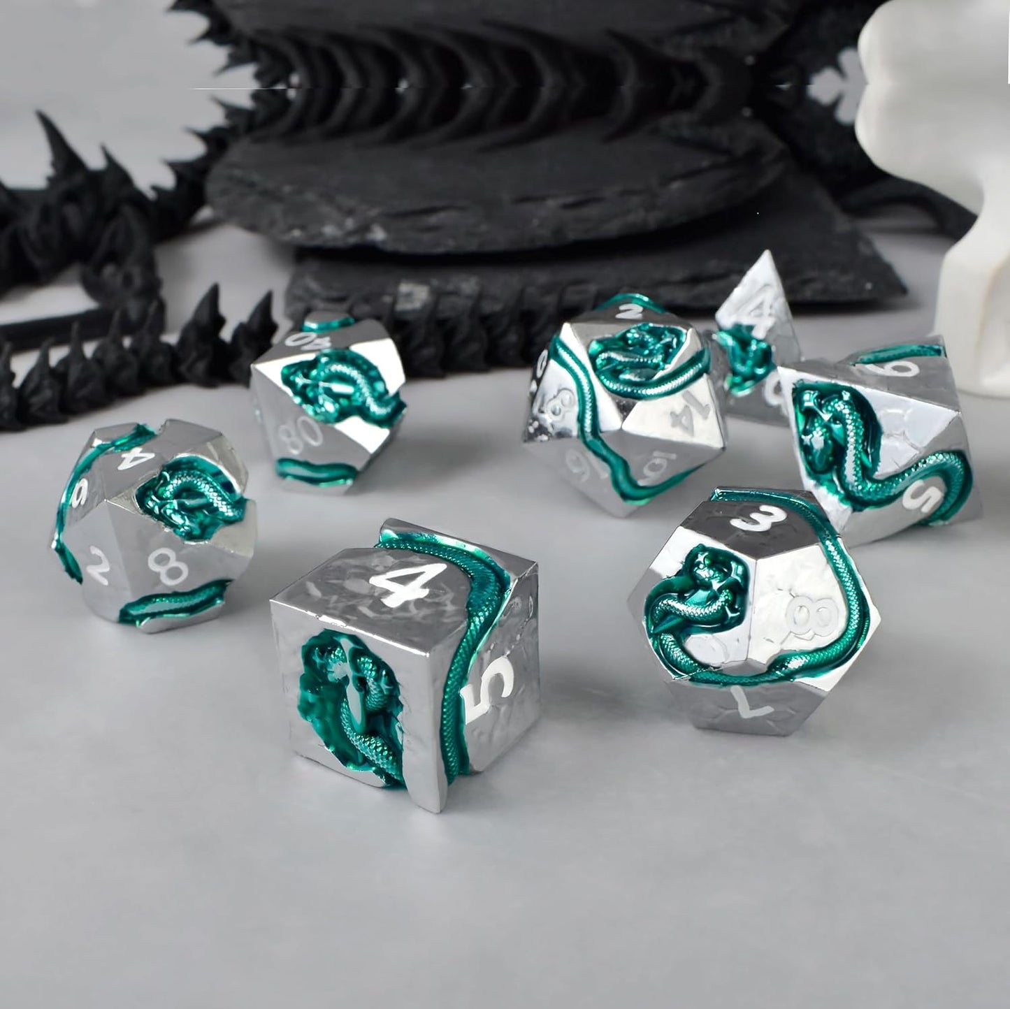 RULE DICE Serpent's Cunning Metal DND Dice Set - 7pc Polyhedral D&D Dice for Dungeons and Dragons, RPGs Like Pathfinder - Emerald Green Snake Design, Balanced for Critical Rolls