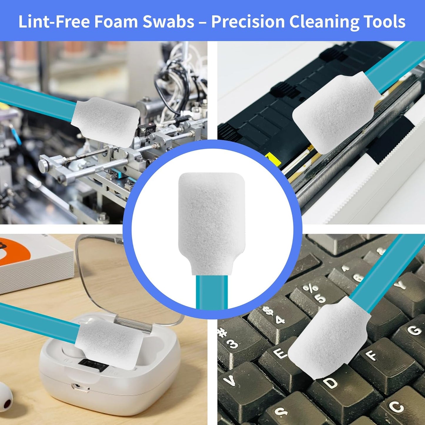 100 Pcs Professional Square Foam Cleaning Swabs – Dust-Free, Lint-Free Foam Swab Sticks for Printer Head Cleaning, Electronics, Car Detailing, Optical Equipment, and Precision Instruments