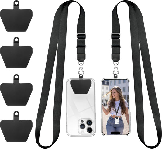 Doormoon Phone Lanyard, Adjustable Neck Strap with 4 TPU Patch for Phone Case Keys ID Badges Universal Cell Phone Lanyard Compatible with iPhone, Samsung, Most Smartphones, 2 Pack, Black Black
