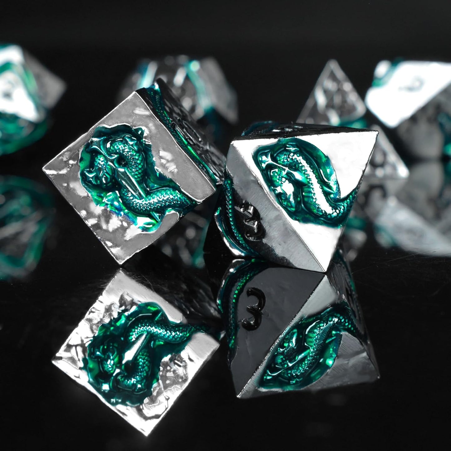 RULE DICE Metal DND Dice Set for Dungeons and Dragons - Polyhedral D&D Dice Set with Green Serpent Design - Balanced D&D Dice for RPGs, TTRPGs - Heavy Duty Zinc Alloy Construction 7 Dice Set