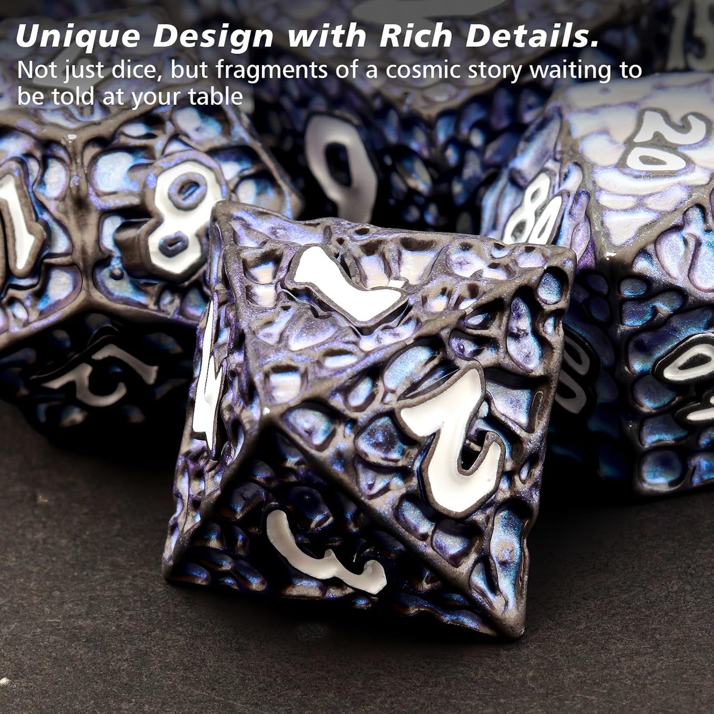 PJOY Metal D&D Dice Set for Dungeons and Dragons Dice with Case Meteorite Black Blue Glitters 7PCS 16mm Role Playing Cool DND Gifts for Players DM Board Game Masters