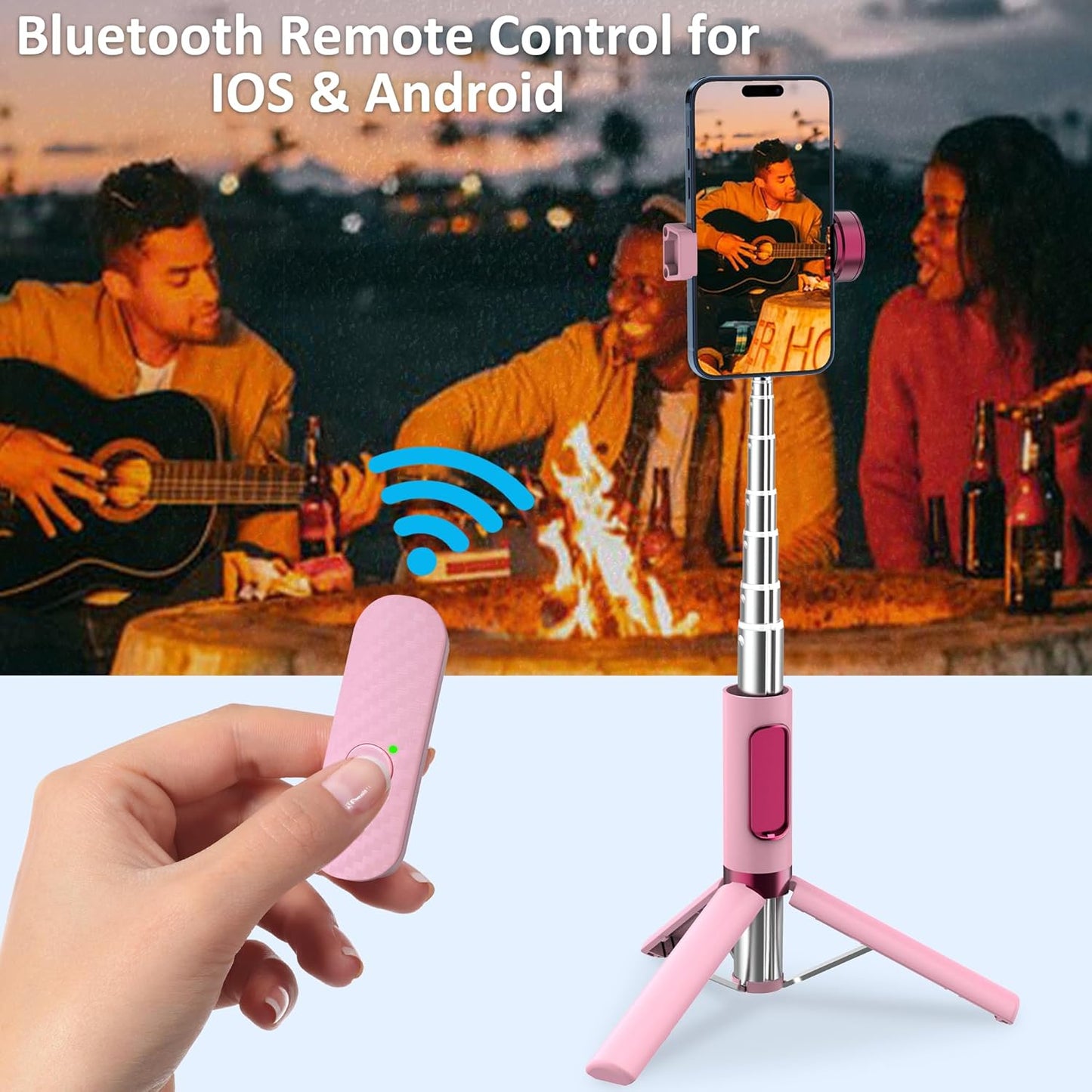 Selfie Stick Tripod, Foldable Cellphone Tripod with Remote for Group Selfies/Live Streaming/Video Recording, for iPhone Series Android, Pink