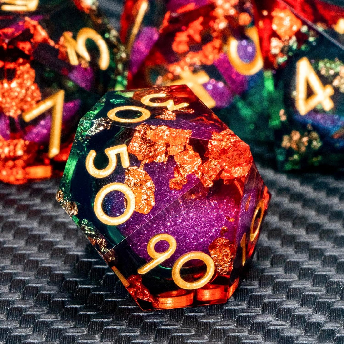 ARUOHHA Liquid Core DND Dice Set, 7pcs Resin Sharp Edged Dragons Dice Compatible with D&D Role Playing Games, RPG Golden Numbers Orange Green Dungeons Polyhedral D and D Dice with Gift Box D20 D10 D6