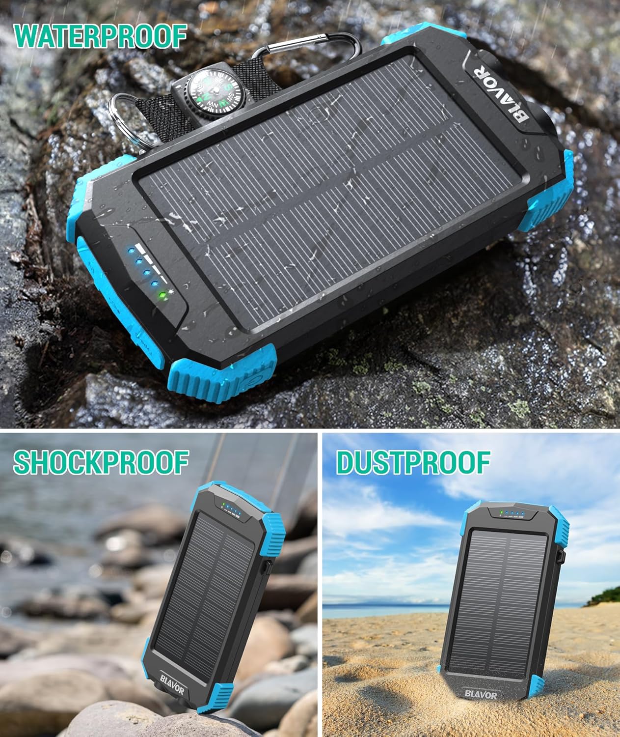 BLAVOR Solar Charger Power Bank 10,000mAh, Portable Wireless Charger, 20W Fast Charging External Battery Pack with USB C for Cell Phones, Solar Panel Charger with Dual Flashlight for Camping