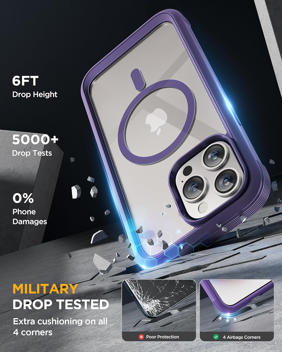 Miracase Magnetic for iPhone 15 Pro Case [Compatible with MagSafe] Full-Body Bumper Phone case with Built-in Glass Screen Protector& Camera Protector, Military Drop Proof 15 Pro Cover, Magnetic Purple