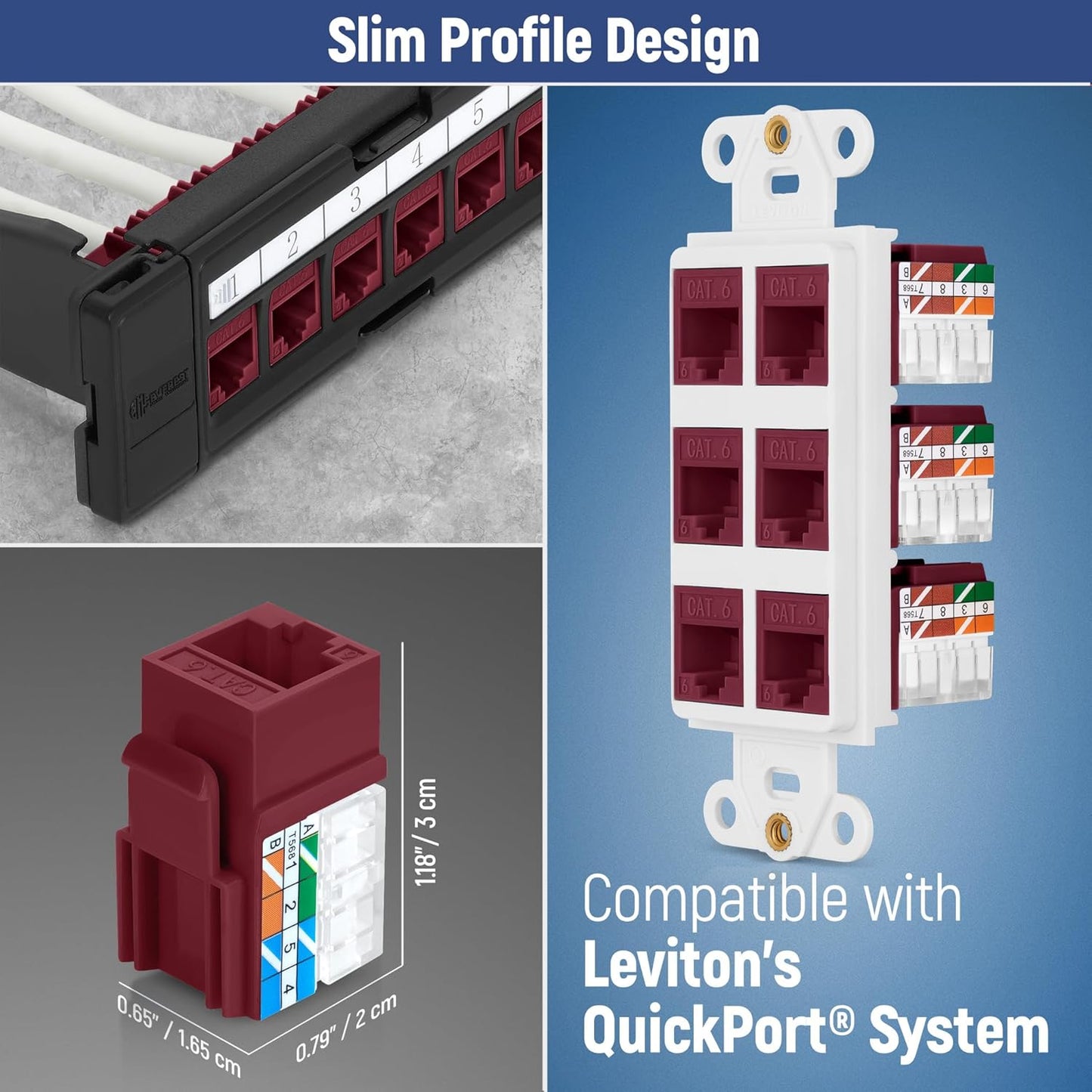 Everest 90° Angled RJ45 Cat6A Keystone Jacks 50-Pack in Red - Slim Profile Female RJ45 Connectors - Cat 6A Keystone Jack - Compatible with 90° Angled Speed Termination Tool - easyJACK (B094WB91H3)