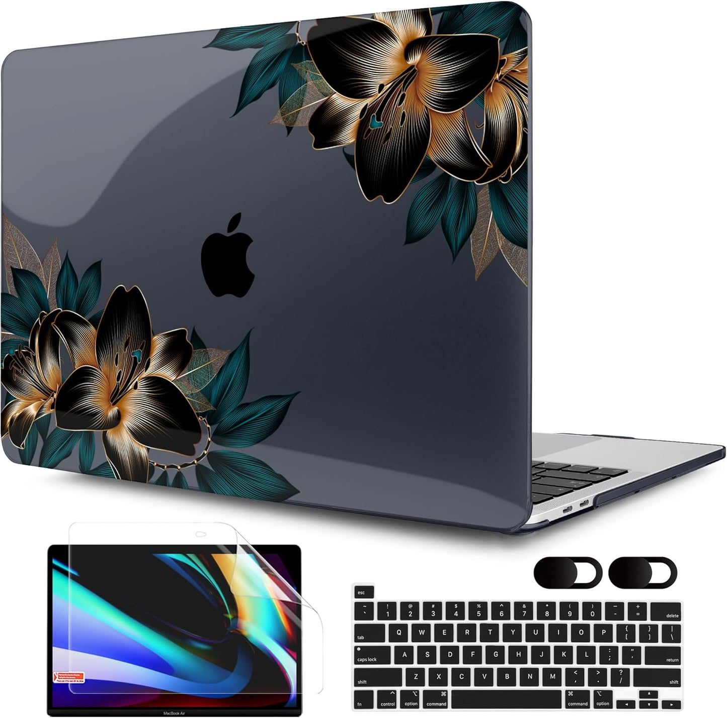 MEEgoodo Case for MacBook Pro 13 inch, Laptop Hard Shell with Keyboard & Camera Cover, Golden Lilies