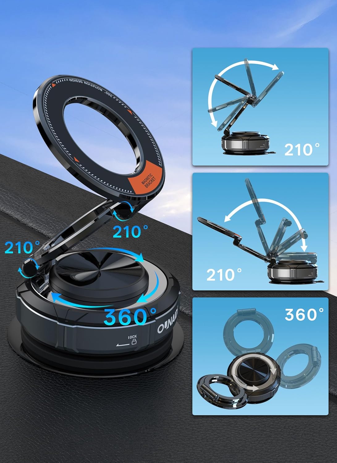 360° Adjustable Vacuum Magnetic Phone Holder for Car Dashboard,Universal 360 Dashboard Phone Holder Phone Mount for Car Compatible with Tesla Model 3/Y,Jeep Wrangler,iPhone 16 Pro Max 15 14 13 Plus