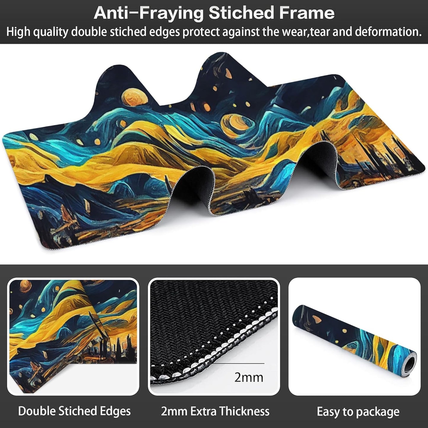 The Starry Night Desk Mat,Large Vincent Van Gogh Oil Painting Gaming Keyboard Mouse Pad,Non-Slip Rubber Base Desk Pad Thick Stitched Edges Waterproof Mousepad Mouse Mat 31.5"x11.8"