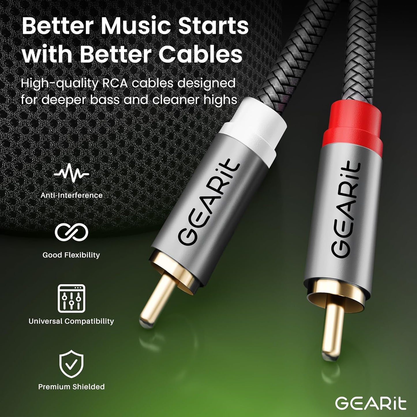 GEARit RCA Cable (50FT) 2RCA Male to 2RCA Male Stereo Audio Cables Shielded Braided RCA Stereo Cable for Home Theater, HDTV, Amplifiers, Hi-Fi Systems, Car Audio, Speakers, 50 Feet