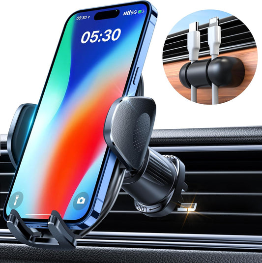 YRU Car Phone Holder [2025 Upgraded Metal Hook Clip], Phone Holders for Your Car [No Fear of Bumps] Air Vent Cellphone Mount Widely Compatible with iPhone16 15 14 13 12 Samsung Android, Grey