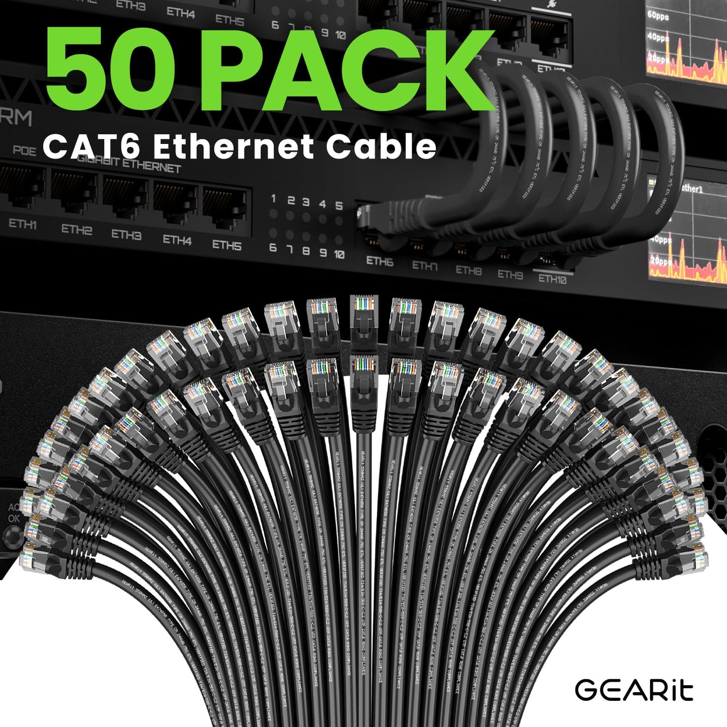 GEARit Cat 6 Ethernet Cable Pack - 50-Pack 3 ft Cat6 Ethernet Patch Cables | RJ45 Network Patch Cable, 10 Gbps Snagless Gold-Plated Connectors - Ethernet Cable Cat 6 for PC, TV, Router - Black