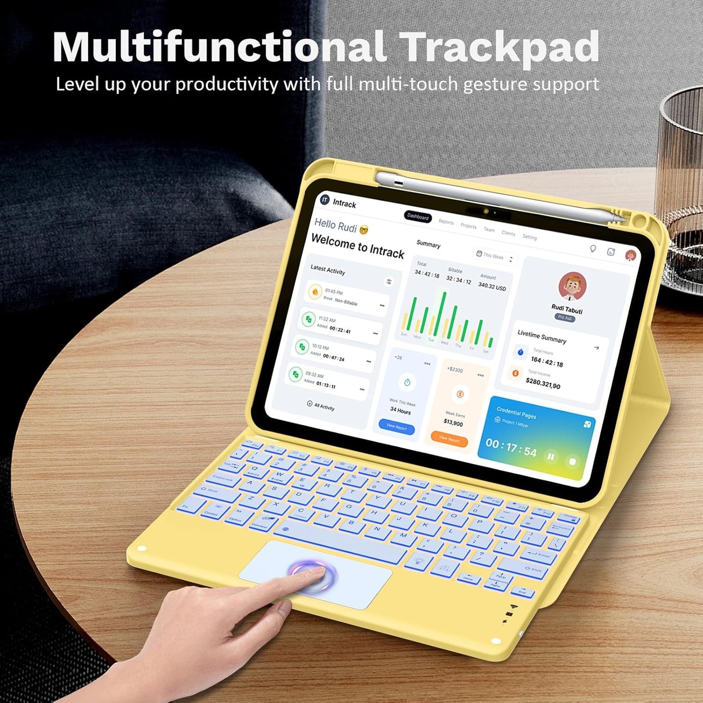 MoKo Touch Keyboard Case for iPad (A16) 11th Generation 11 inch 2025, iPad 10th Generation 10.9 inch Case with Pencil Holder, 7 Colors Backlit Multi-TrackPad Detachable Bluetooth Keyboard,Light Yellow