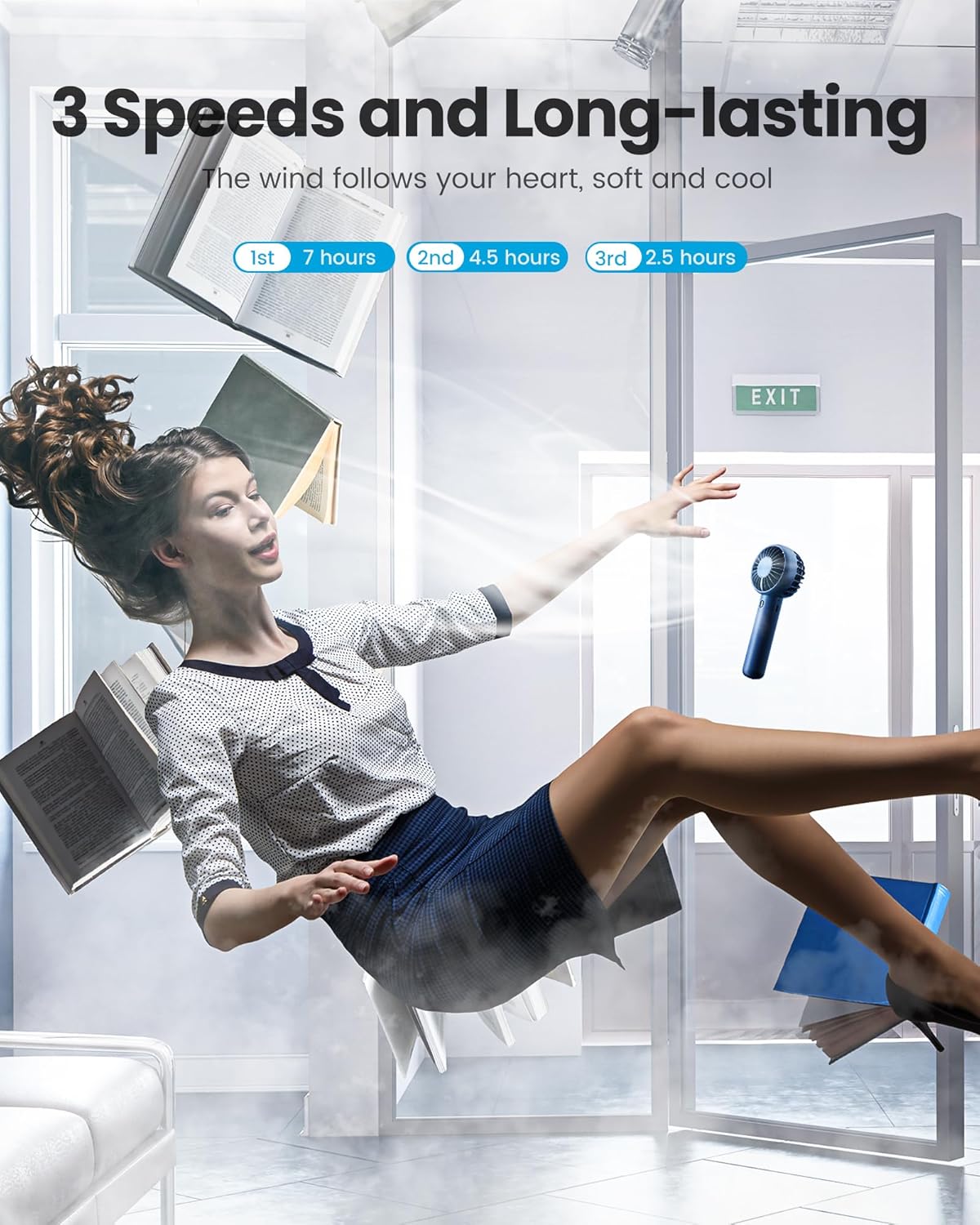 Gaiatop Mini Portable Fan, Navy Blue, Cute Design, Powerful Wind, Handheld and Desktop, Rechargeable Battery