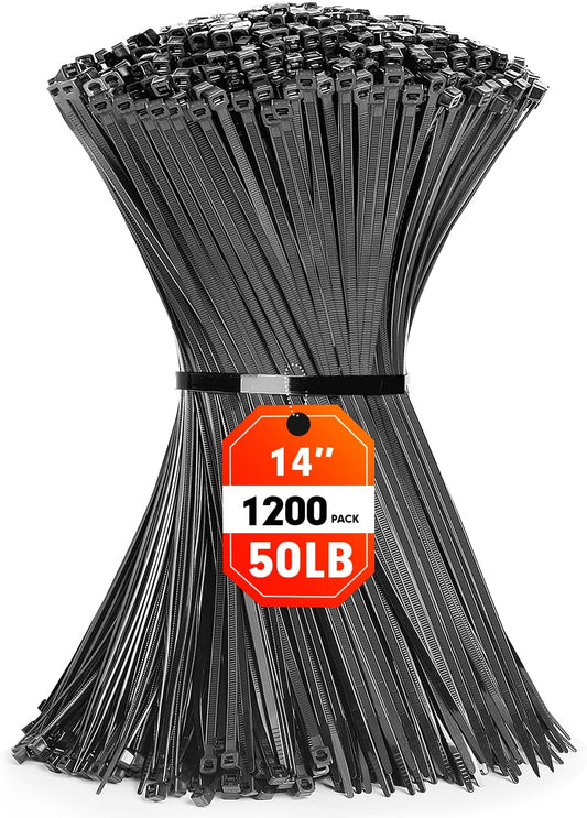 Zip Ties, RAZCC 1200pcs Black Cable Zip Ties 14 Inch, Heavy Duty Plastic Wire Ties with 50lb Tensile Strength, Self-Locking Black Nylon Tie Wraps for Indoor and Outdoor