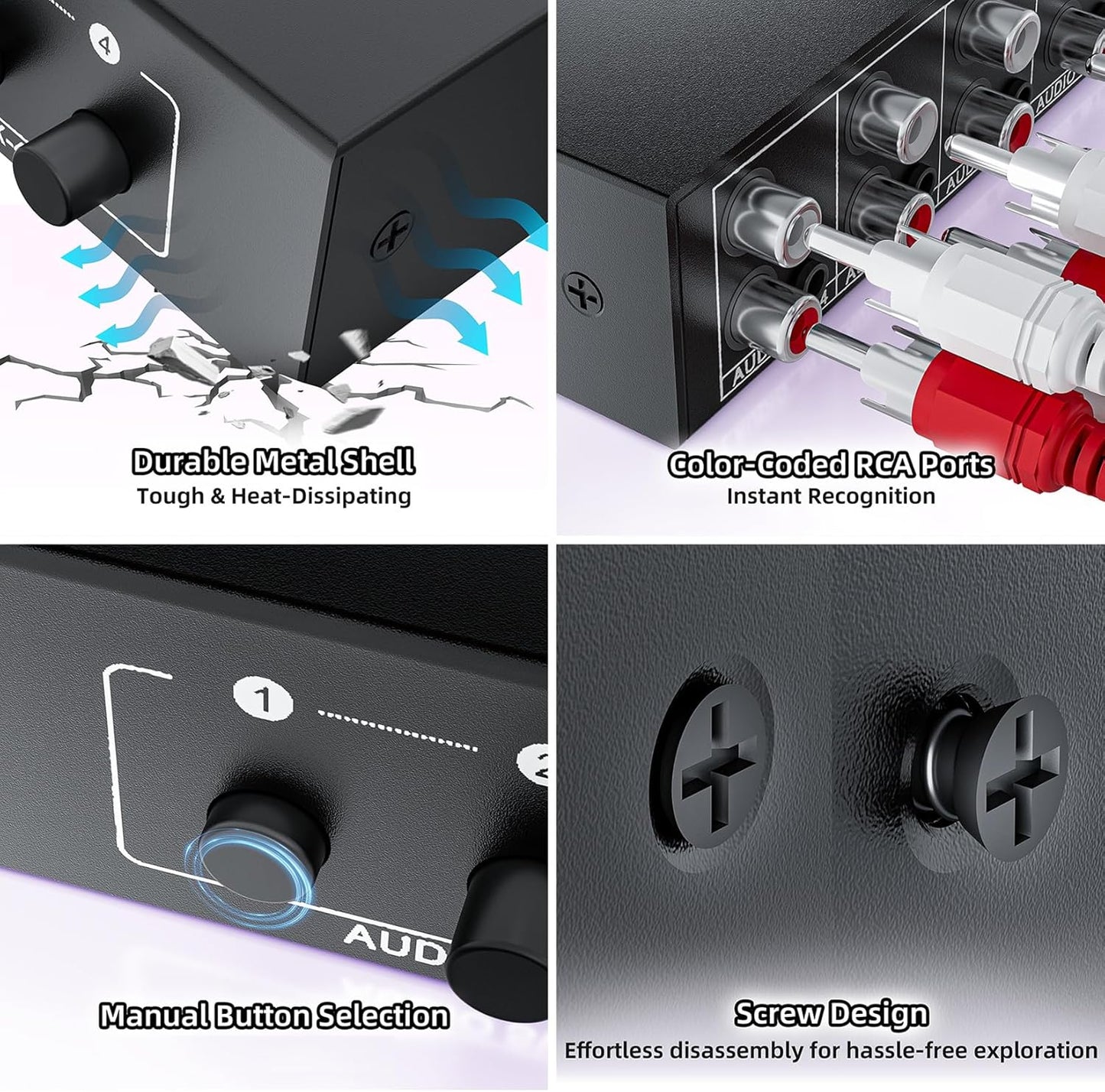 3.5mm Aux + RCA L/R Audio Splitter 1 in 4 Out, BolAAzuL 4-Way Stereo Audio Distributor Box 4-Channel Stereo RCA Splitter 1x4 for DVD Player, Game Console, Headphones, Speaker - w/Power