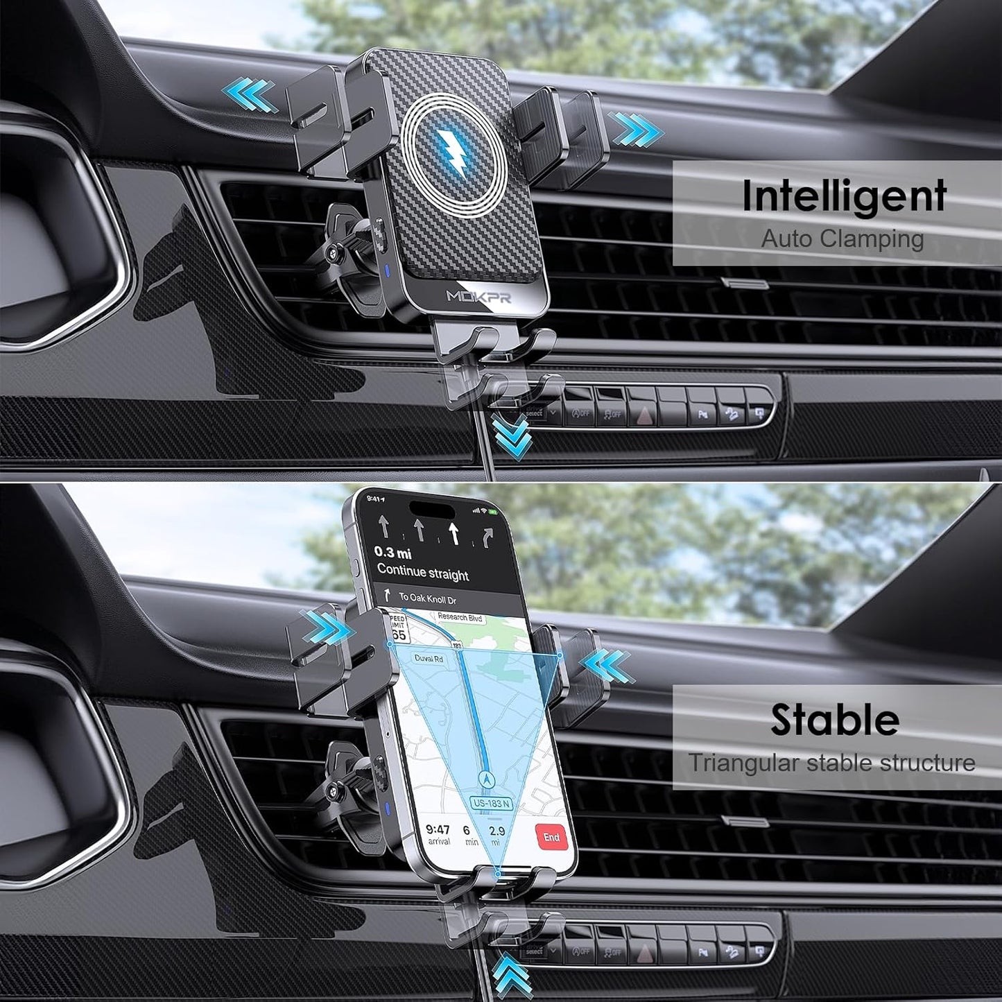 Wireless Car Charger, MOKPR 15W Fast Charging Auto-Clamping Car Charger Phone Mount Air Vent Cell Phone Holder Compatible iPhone 16/15/14/13/13 Pro/12 pro/12/11, Samsung Galaxy S23/S22/S21/S20, etc