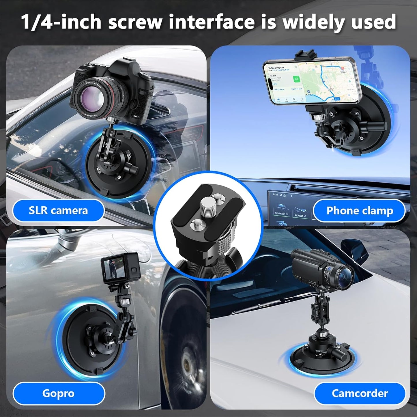6" Camera Suction Cup Mount with Ball Head Magic Arm,Quick Release Metal Vacuum Suction Cup Mount Car Windshield Dash Mount for Action Camera/Phone Holders with 1/4",1/8" Holes(Black)