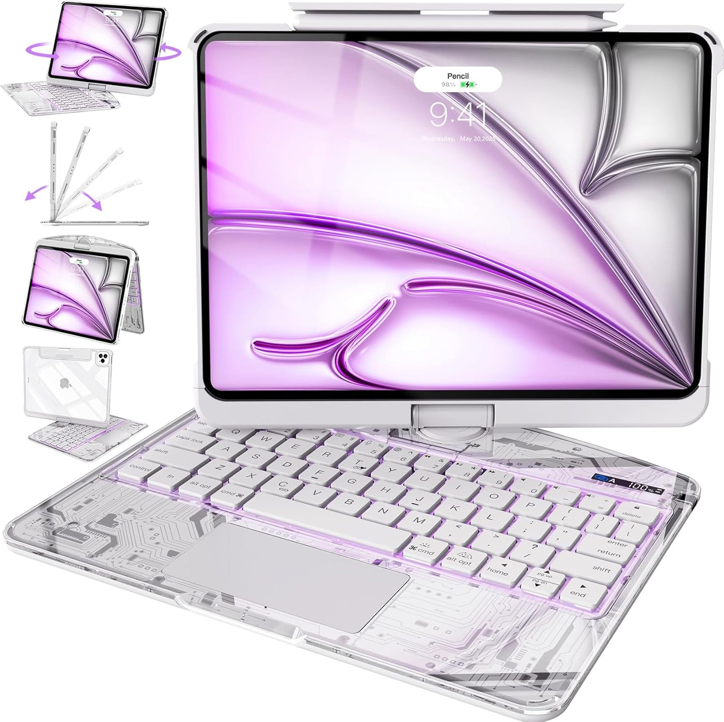 Intermerge Clear iPad A16 11th & 10th Generation 10.9" Case with Keyboard, 360° Transparent Multi-Touch Trackpad, 7-Color RGB Keyboard, Pencil Holder, Type-C, Power Indicator, Frost Pulse