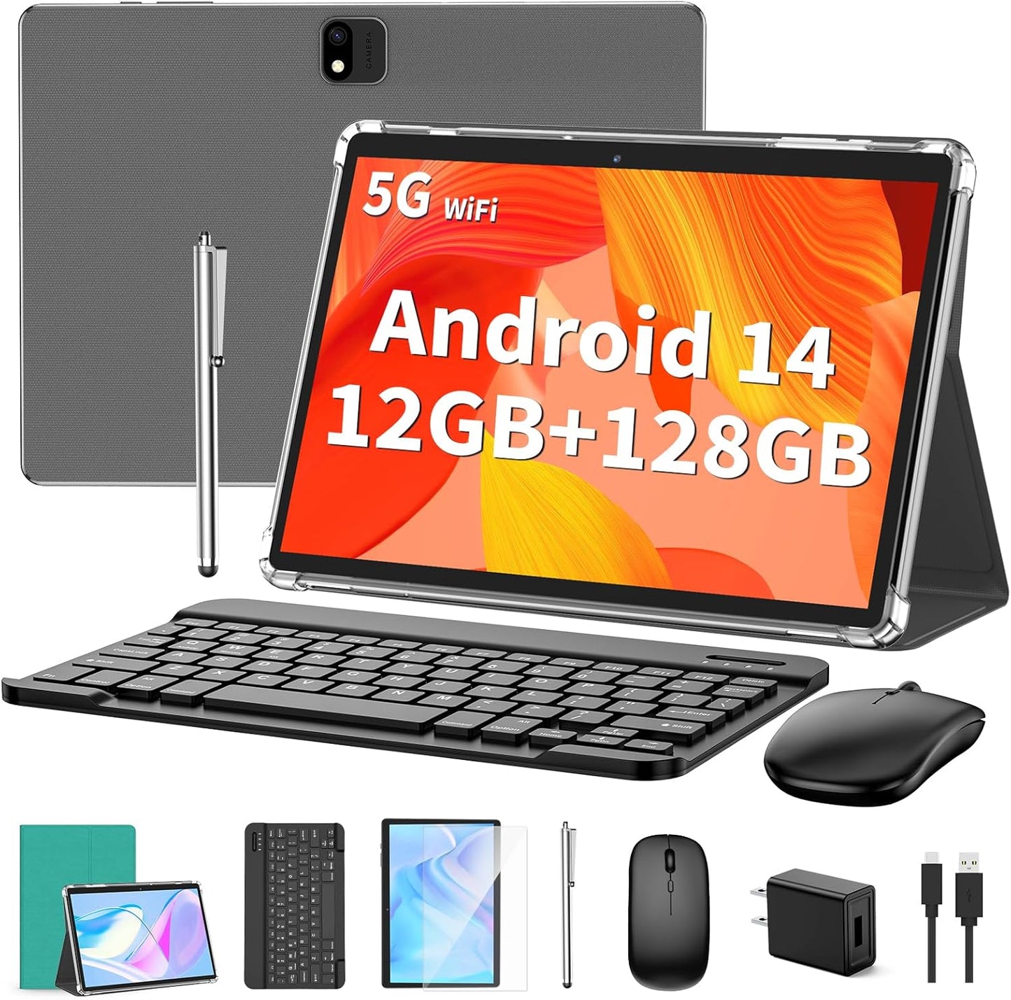 Android Tablet with Keyboard, Android 14 Tablet, 12(6+6) GB+128GB, 1TB Expand, 2 in 1, Mouse, Stylus, 8000mAh Battery, 2.4G/5G WiFi, GPS, Green Case
