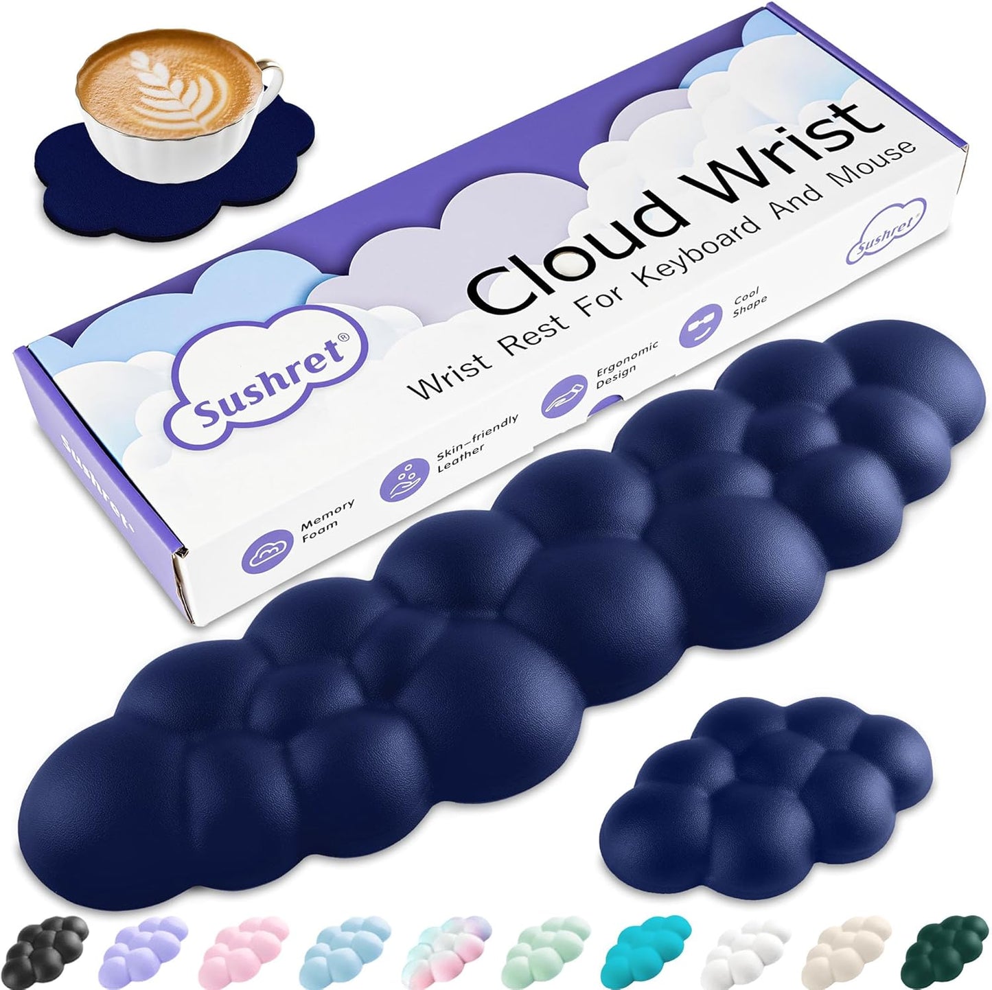 Cloud Wrist Rest Keyboard, Cloud Keyboard Wrist Pad Set with PU Leather Memory Foam, Cute Arm Rest for Palm Support, PC/Gaming Desk Accessories/Office Setup/Computer Hand Cushion - Dark Blue