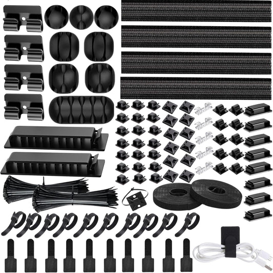 [313Pcs] Cable Management Kit, 67 Adhesive Cable Clips, Topavatop Desk Cord Organizer, 22 Reusable Cable Strap, 4 Cable Sleeve Split, 200 Nylon Cable Zip Ties with 20 Mounts for TV Office Home, Black
