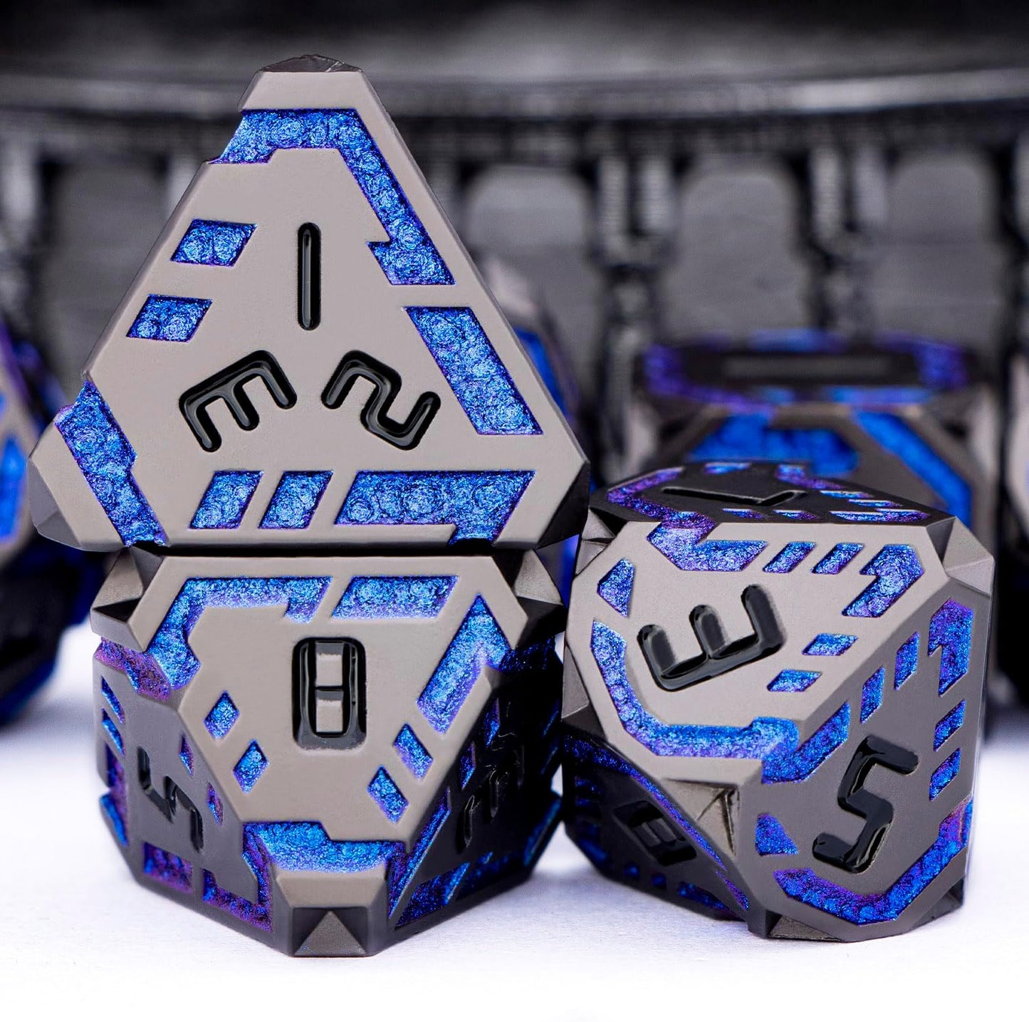 Metal DND Sci-fi Dice Set 7PCS Stripe Polyhedral Dice for Dungeons Dragons RPG Role Playing Game, Glitter D and D Dice with Gift Box D6 D8 D10 D12 D20 (Black&Blue Purple)
