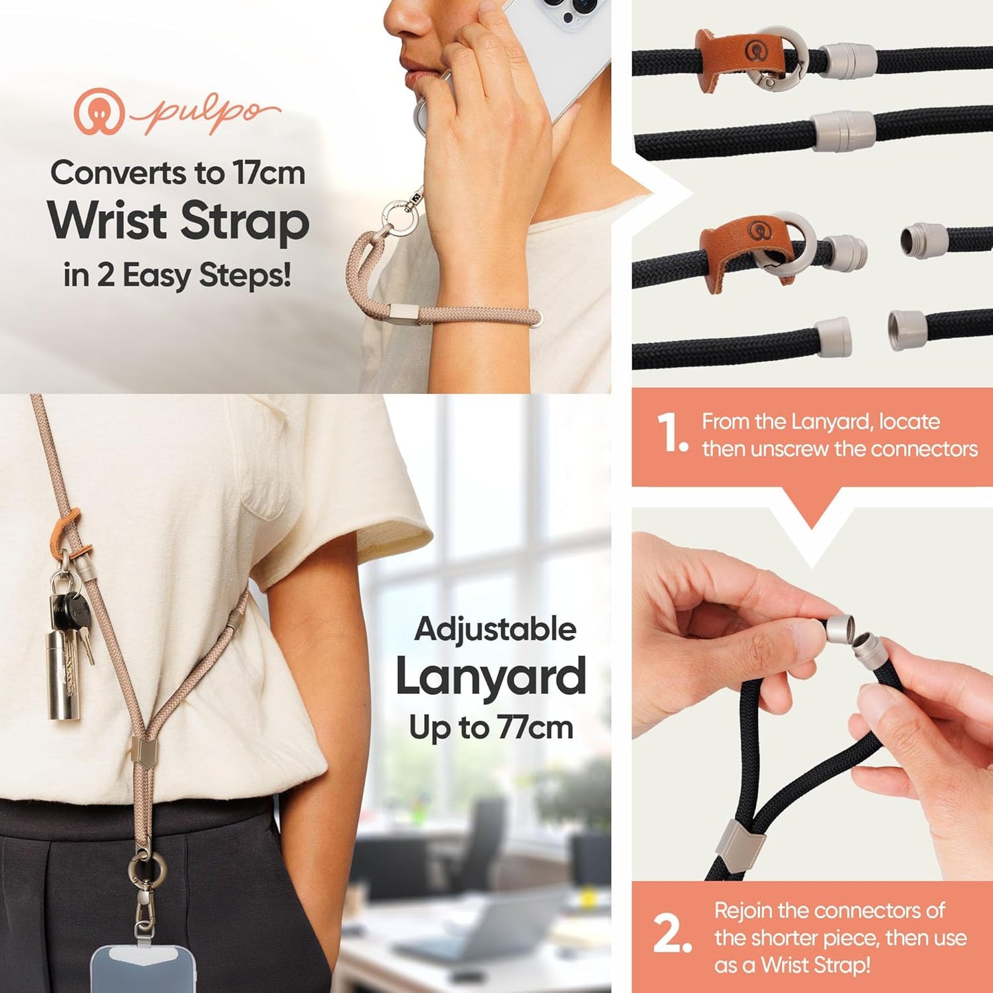 Pulpo 2-in-1 Cell Phone Wrist Strap and Lanyard Dusty Pink - Anti Theft Lanyard for Men & Women, Wrist Straps for Phones, Lanyards for Smartphones, Adjustable Cellphone Leash & Safety Strap Tether