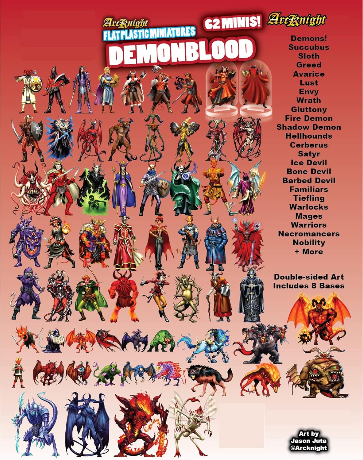 Arcknight Flat Plastic Miniatures: Demon Blood; 62 Unique Infernal-Themed Minis for DND 5e and Pathfinder; Affordable, Skinny Figurines for Dungeons and Dragons and Other Tabletop RPG Games