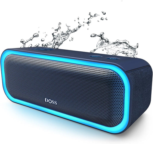 DOSS SoundBox Pro Bluetooth Speaker with 20W Stereo Sound, Active Extra Bass, IPX6 Waterproof, TWS Pairing, Multi-Colors Lights, 20H Playtime, Portable for Beach, Outdoor-Blue