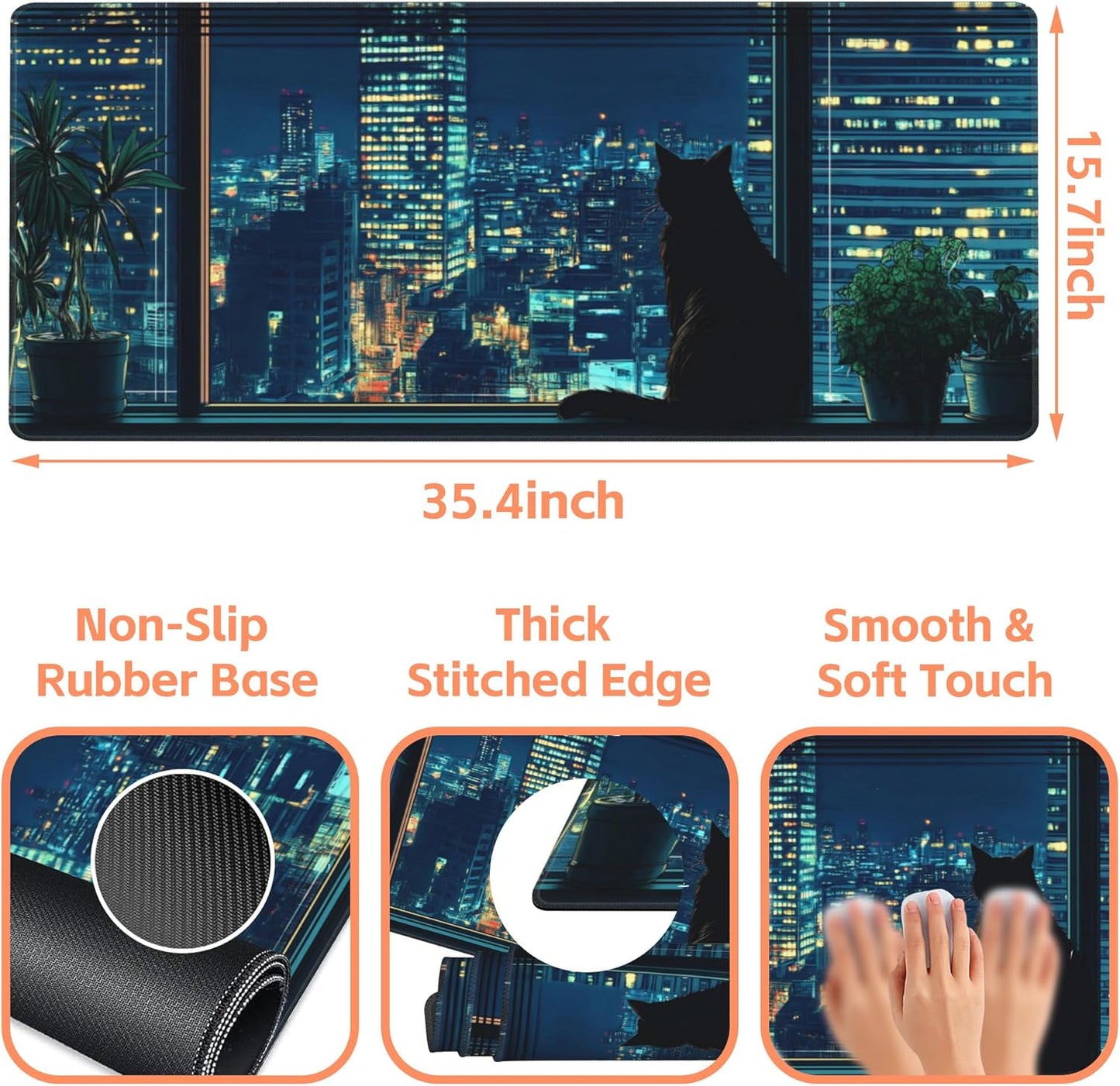 Mouse Pad Large Black Cat Non-Slip Gaming Desk Mat with Stitched Edge Laptop Keyboard Desk Pad for Work Home Gaming (35.4 x 15.7 Inches)
